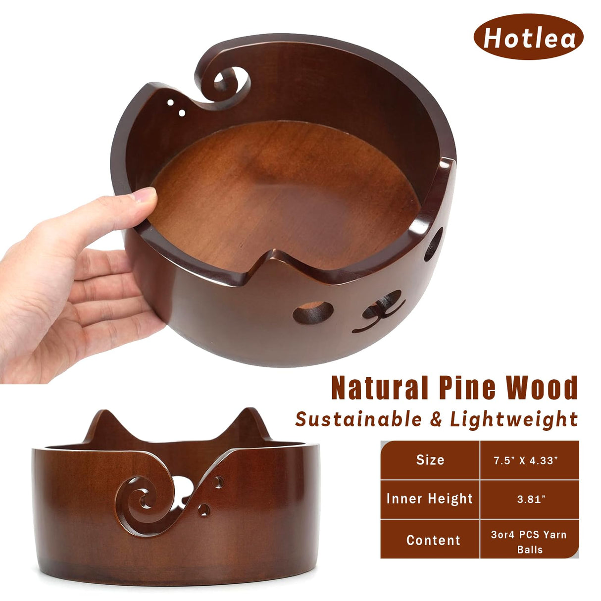 Wooden Cat Yarn Bowl, Large Polished Crochet Bowl Accessories for Knitting and Crocheting Gift for Knitters and Yarn Lovers, 7.5"X4.33" Hotlea