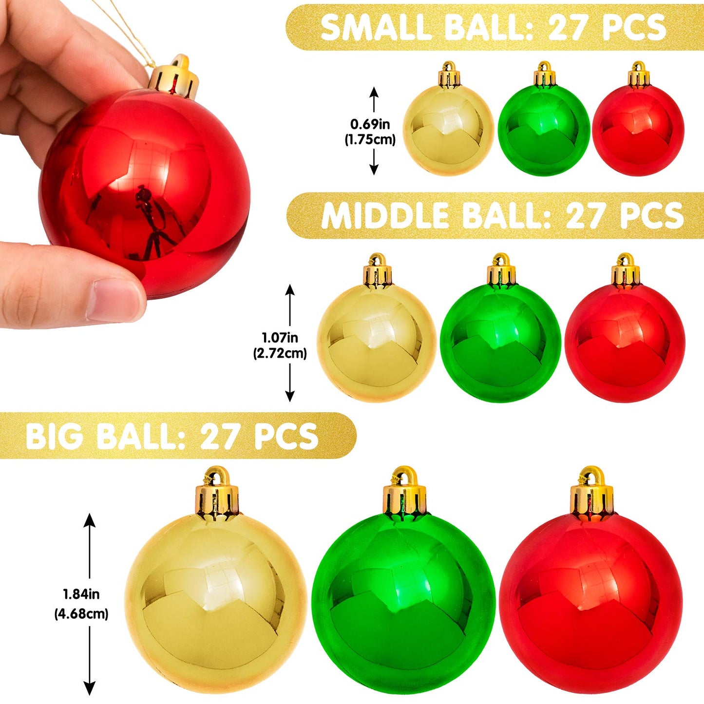 Whaline Christmas Ball Garland Ball Ornaments 6ft Bauble Garland Christmas Tree Ball Decorations Shatterproof Ball Ornament for Xmas Party Supplies, Indoor Outdoor Home Office, Red Green Gold