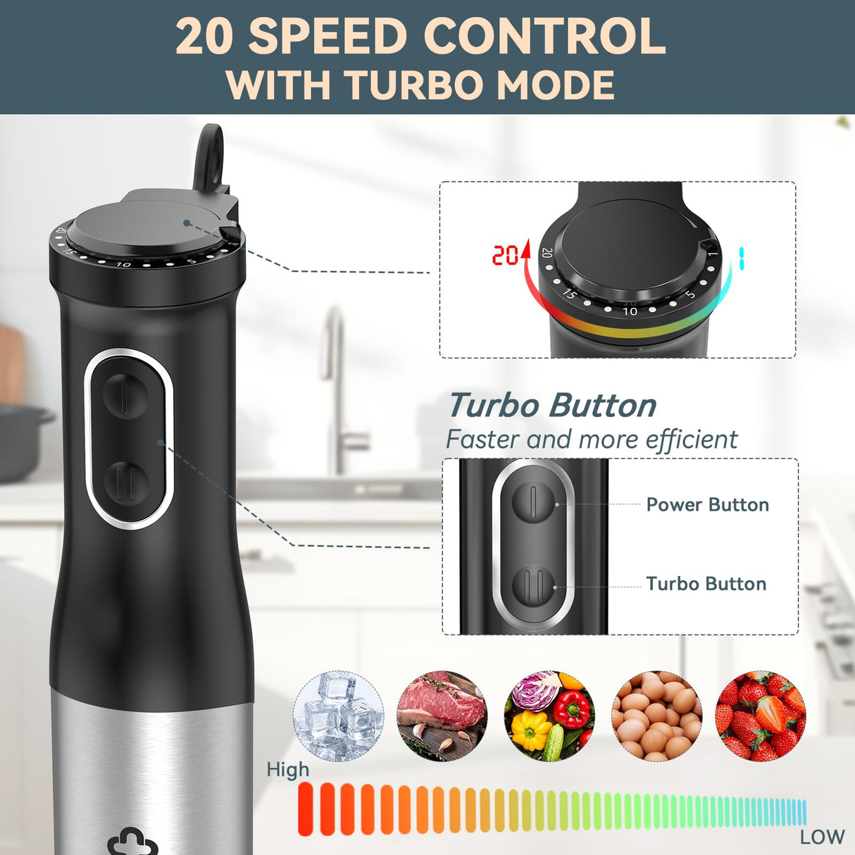 LINKChef 7 in 1 Immersion Blender Scratch Resistant, 2 Titanium Steel Blades 800W Hand Blender, 20 Speed and Turbo Mode Stick Blender Immersion with Whisk, Milk Frother, Food Processor, Beaker LINKChef