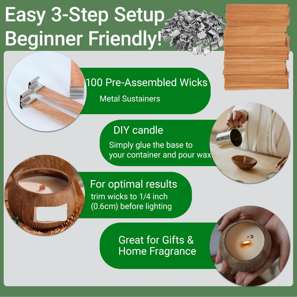 BVMGTT Wood Wicks for Candle Making, 100 Sets Natural Wooden Wicks with 100 Metal Sustainers, 5.1 "x 0.5" x0.02 Thin Crackling Wicks for Soy Wax & Coconut Wax, Perfect for DIY, Home Decor, Gifts BVMGTT