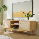 VOWNER Farmhouse Rattan TV Stand for 55/60/65 inch TV, Modern Entertainment Center with Natural Rattan Door and 2 Open Shelves, TV Console Table for Living Room, Wood Color VOWNER