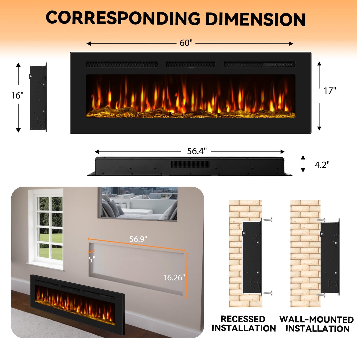 Urbansync 60 Inches Electric Fireplace Inserts, Recessed, Wall Mounted and Freestanding 750/1500W Slim Fireplace Heater with Remote Control, Adjustable Flame Color & Brightness