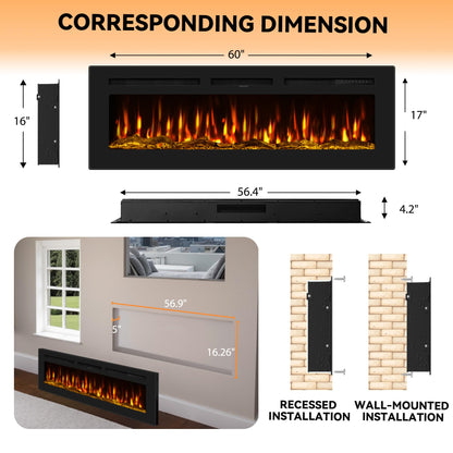 Urbansync 60 Inches Electric Fireplace Inserts, Recessed, Wall Mounted and Freestanding 750/1500W Slim Fireplace Heater with Remote Control, Adjustable Flame Color & Brightness