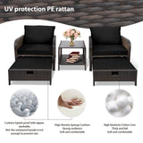 LEVELEVE Balcony Furniture 5 Piece Patio Conversation Set, PE Wicker Rattan Outdoor Lounge Chairs with Soft Cushions 2 Ottoman&Glass Table for Porch, Lawn-Brown Wicker LEVELEVE