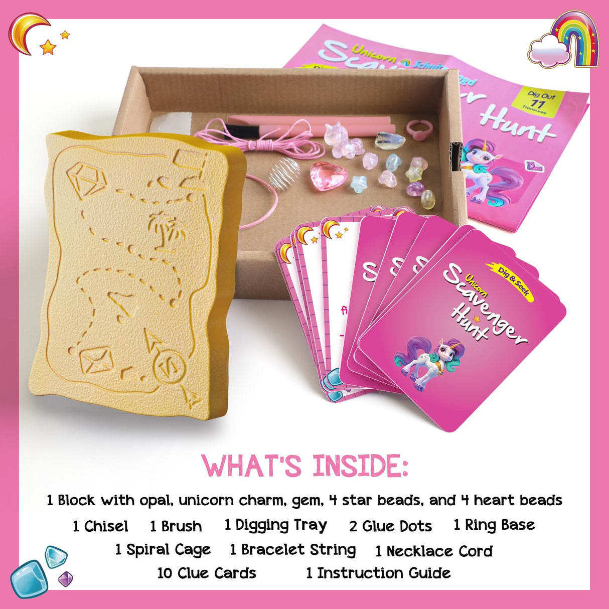 EDUMAN Unicorn Scavenger Hunt Dig Kit - Treasure Dig Kit Interactive Arts & Crafts, STEM Educational Toy with Clue Cards, Gemstone Dig Kits & DIY Jewelry Making Kits for Kids 6+, Ideal Gift for Girls EDUMAN