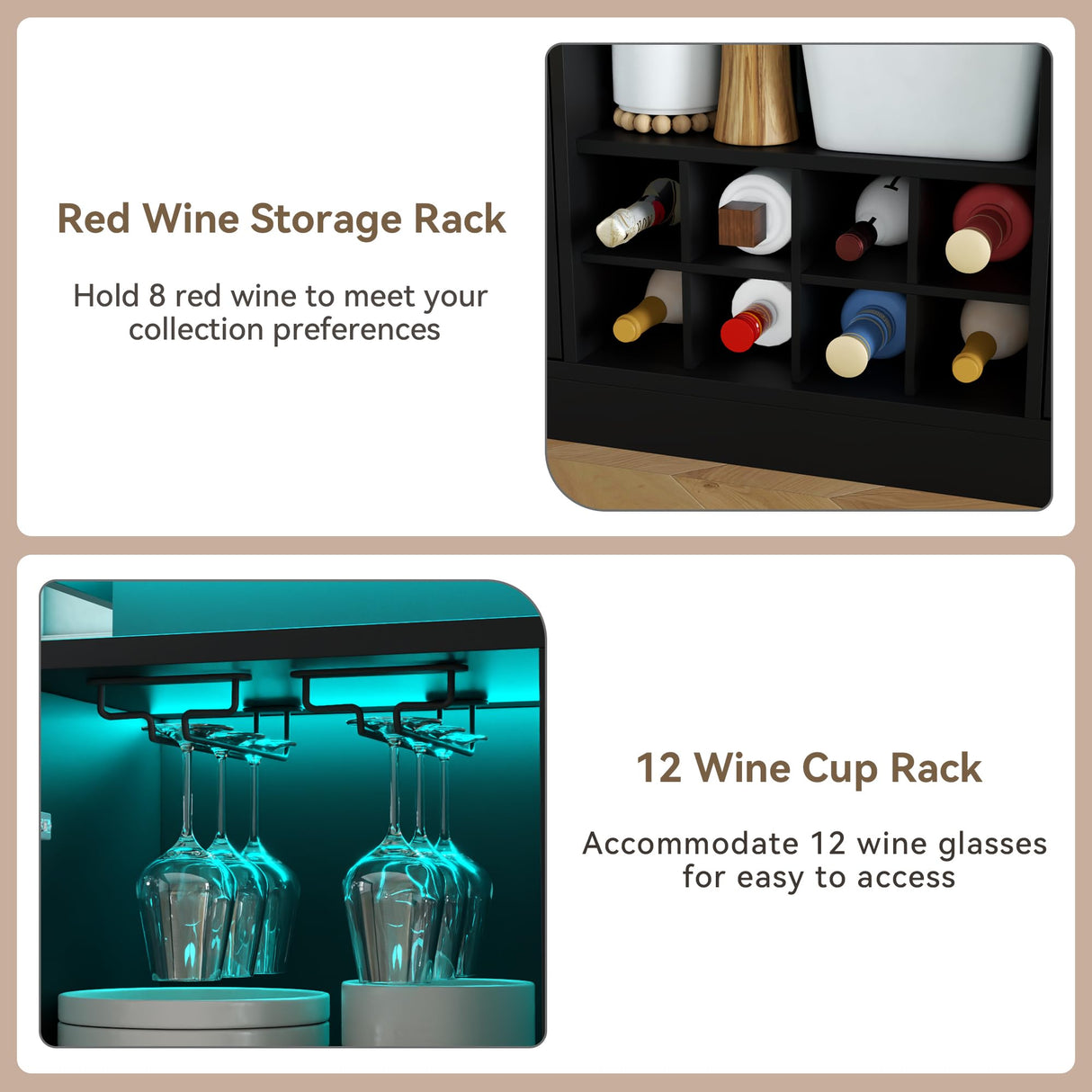 Wine Bar Cabinet with LED Light, Home Coffee Bar Cabinet with Wine and Glass Rack, Modern Sideboard Buffet w/ Storage Drawer & Shelves, Freestanding Liquor Cabinets for Living Room,Dining Room (Black) Auromie