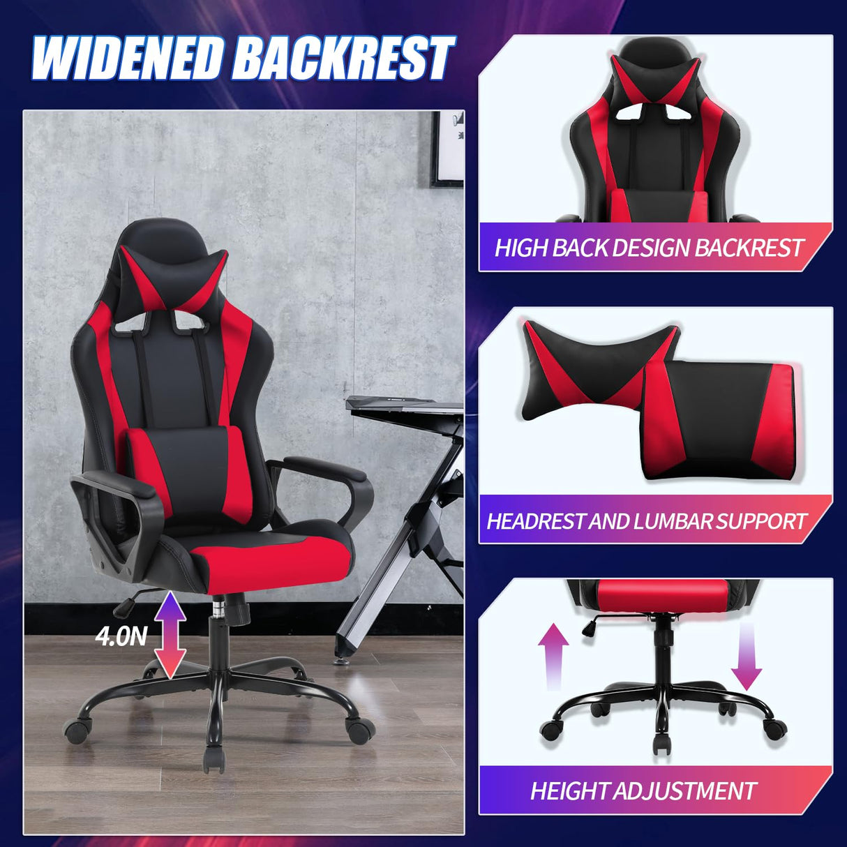Gaming Chair High-Back Office Chair Ergonomic Video Game Chairs Height Adjustable Reclining Computer Chair with Lumbar Support Armrest Headrest Swivel Chair Game Chair for Adult Teen - Red BSTOPHKL
