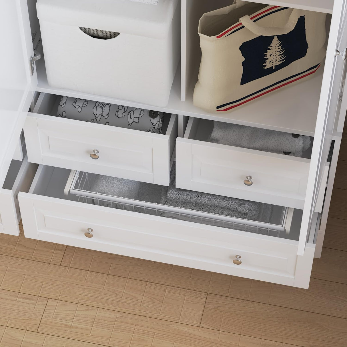 Homsee 4 Doors Armoire Wardrobe Closet with Mirror, Hanging Rod& 6 Drawers, Bedroom Armoires Cabinet with 4 Tier Adjustable Shelves, White (63”W x 19.7”D x 78.7”H) Homsee