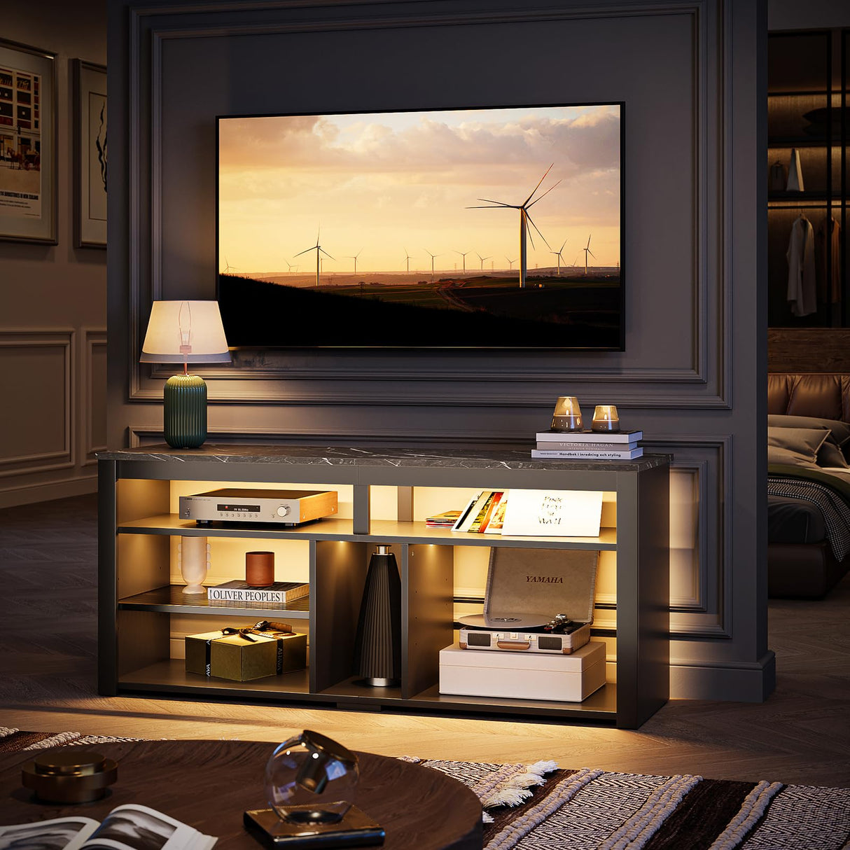 Bestier LED Tall Entertainment Center, 55 inch TV Stand for 55/60/65 inch TV, Gaming TV Cabinet with Storage for PS5 Xbox, Adjustable Shelf Media TV Console for Living Room Bedroom, Black Marble Bestier