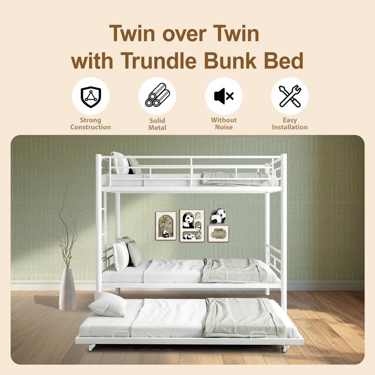 Twin Over Twin Bunk Bed with Trundle, Metal Bunk Beds with 2 Ladder and Guardrails, Convertible Triple Bunk Bed for Kids, Teens and Adults, No Box Spring Needed, Space Saving (White) AYJOIR