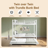 Twin Over Twin Bunk Bed with Trundle, Metal Bunk Beds with 2 Ladder and Guardrails, Convertible Triple Bunk Bed for Kids, Teens and Adults, No Box Spring Needed, Space Saving (White) AYJOIR
