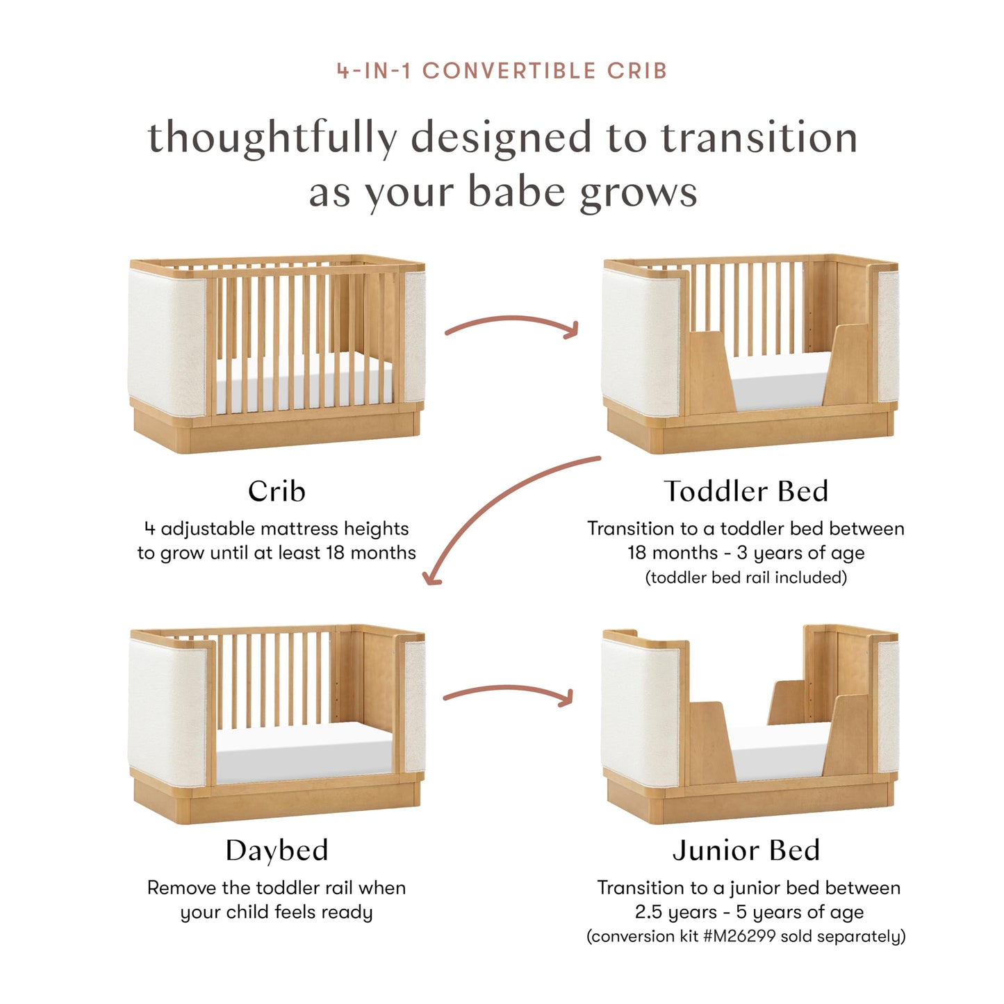 Babyletto Bondi Boucle 4-in-1 Convertible Crib with Toddler Bed Conversion Kit in Honey with Ivory Boucle, Greenguard Gold Certified