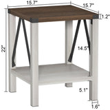 Treocho Farmhouse End Table Set of 2, Rustic Vintage Nightstand Side Table with Shelf for Living Room, Antique White & Brown Treocho