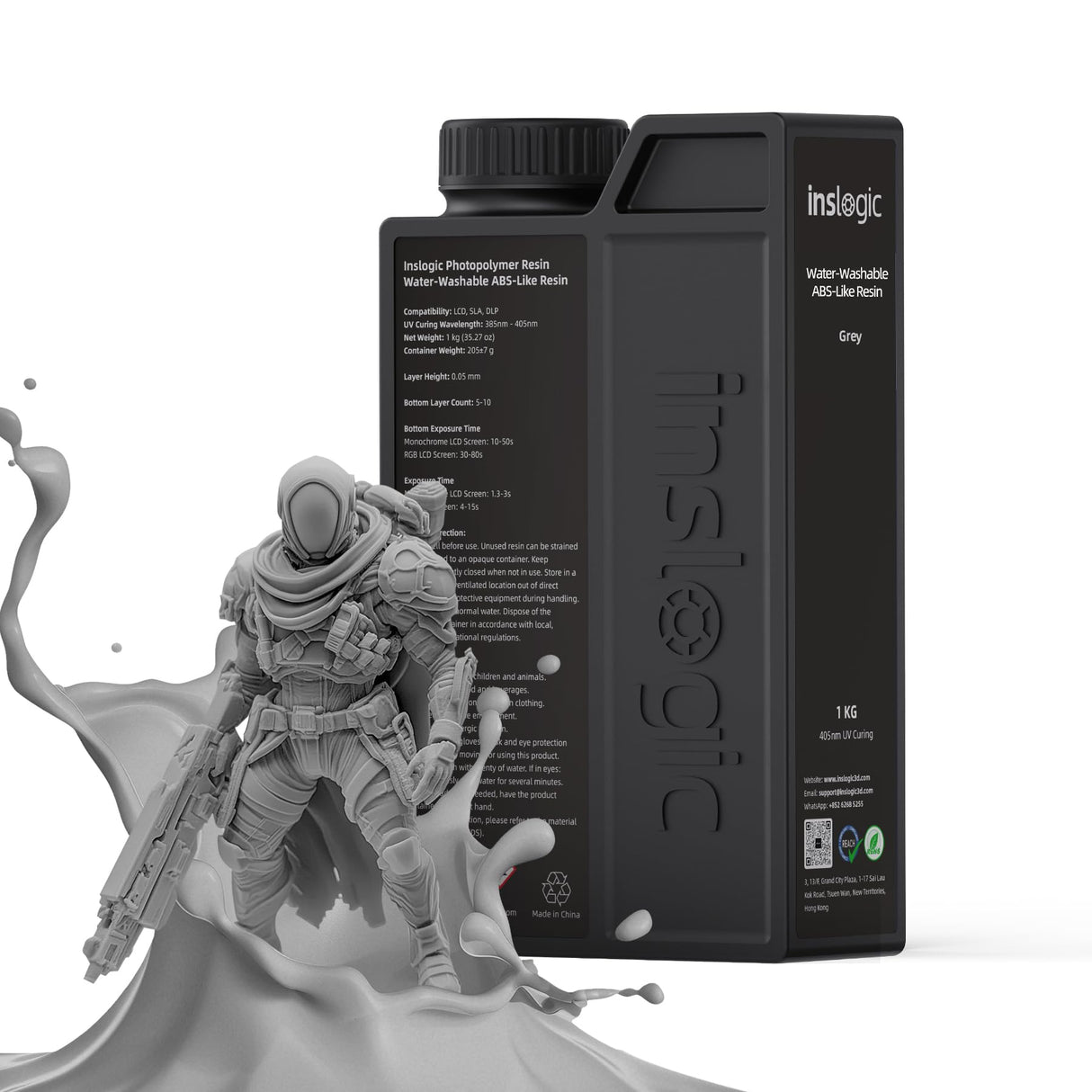 Inslogic Water-Washable ABS-Like Resin, Combines Features of ABSLIKE Resin & Water Washable Resin, Non Brittle, High Precision, Fast Curing 3D Resin for LCD DLP SLA 3D Printers, 1KG Grey Inslogic