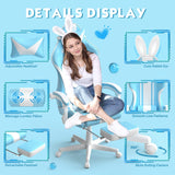 Ferghana Kawaii Light Blue Gaming Chair with Bunny Ears, Ergonomic Cute Gamer Chair with Footrest and Massage, Racing Reclining Leather Computer Game Chair 250lbs for Girls Adults Teens Kids Ferghana