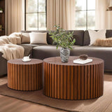 Handcraft Round Nesting Coffee Table - Chic Wave Stripe Edge, Modern Stylish Walnut Wooden Circle Fluted Center Table for Living Room (27.6in+19.7in) Generic