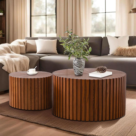 Handcraft Round Nesting Coffee Table - Chic Wave Stripe Edge, Modern Stylish Walnut Wooden Circle Fluted Center Table for Living Room (27.6in+19.7in) Generic