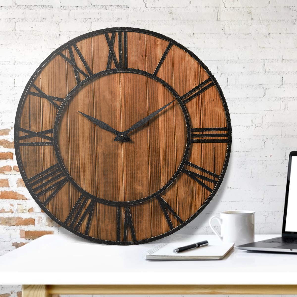 Tangkula 30 Inch Round Wall Clock, Farmhouse Large Wall Clock with Roman Numerals, Decorative Wooden Wall Clock, Come with AA Battery, Rustic Wall Clock Hanging for Home Office (Bronze+Brown) - WoodArtSupply