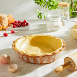 Sweese Porcelain Deep Fluted Pie Dish for Baking - 9 inch Porcelain Pie Plate for Apple, Quiche, Pot Pies, Tart - Leaf - Brown Sweese