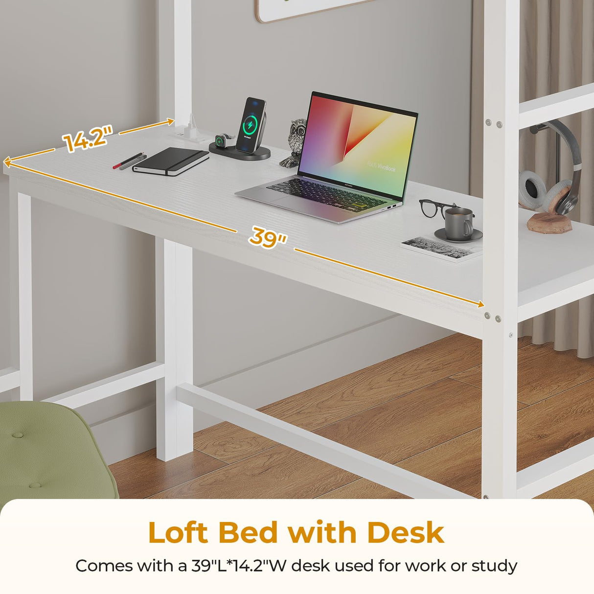 ADORNEVE Twin Size Loft Bed with Desk and 8 Storage Drawers, Metal Kids Loft Bed Twin with LED Lights & Charging Sation, Storage Shelves, 13.1" H Safety Guard & Ladder, No Box Spring Needed, White ADORNEVE