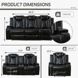 Plithzy Leather Power Recliner Sofa Set with LED, Living Room Furniture Set, Leather Sofa Set with USB Port Storage Console Cup Holder (Power Reclining Sofa Set, Black) Plithzy