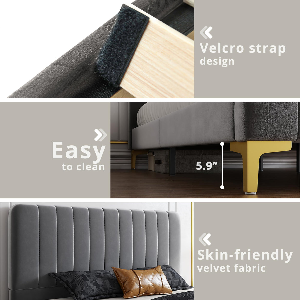 LIKIMIO Twin Bed Frames, Modern Velvet Upholstered Platform Bed with Headboard, Soft Rounded Corners, Noise Free, Easy Assembly, Light Gray LIKIMIO