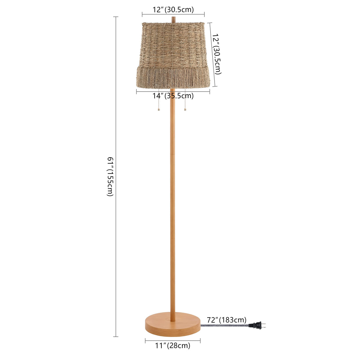 JONATHAN Y JYL3091A Ocata 61" 2-Light Coastal Bohemian Iron/Rattan LED Floor Lamp with Pull-Chain Farmhouse, Rustic Standing Reading Lamp LED Bulb Included, Brown Wood Finish JONATHAN Y