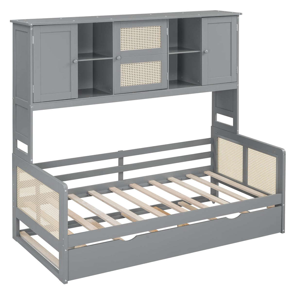 RuiSiSi Twin Size Daybed with Trundle & Storage, Solid Wood Corner Bed with Bookcase Headboard and Cabinets, Rattan Style Twin Day Bed Frame for Kids Teens Adults, Grey RuiSiSi