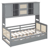RuiSiSi Twin Size Daybed with Trundle & Storage, Solid Wood Corner Bed with Bookcase Headboard and Cabinets, Rattan Style Twin Day Bed Frame for Kids Teens Adults, Grey RuiSiSi