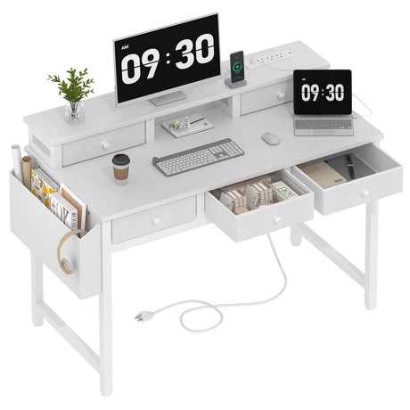 Lufeiya White Computer Desk with Fabric Drawers for Home Office, 40 inch Vanity Makeup Desk with Drawers Storage for Bedroom, Writing Study Table with Power Outlet & Monitor Stand, White Lufeiya