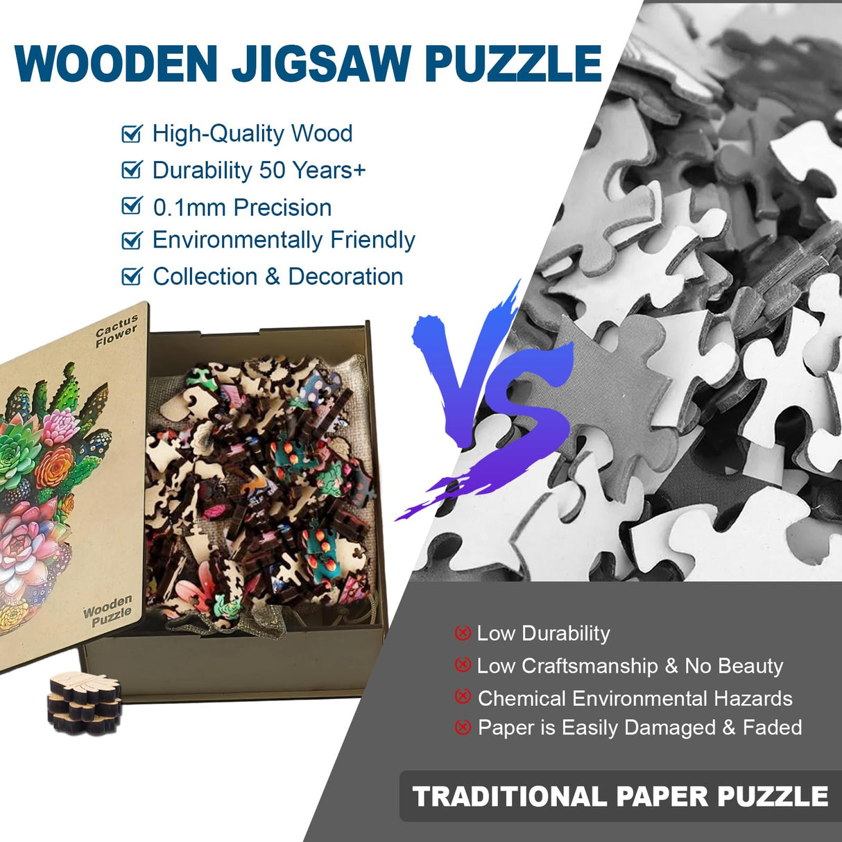 Wooden Jigsaw Puzzles for Adults and Kids, Cactus Flower 200 Piece Unique Shaped Puzzle, Family Game and Creative Wooden Puzzle Gift, Wall Art Decor, 11 x 15 Inch SAWZOO