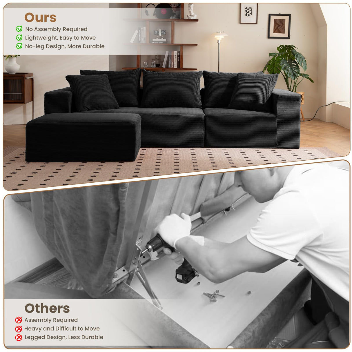 Modular Sectional Sofa, 108" L-Shaped Boneless Couch with Deep Seat, Corduroy Cloud Couch for Living Room, Bedroom, No Assembly Required, Ship in a Box, Black RUMBALUXY