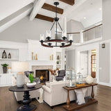 28 Inch Wagon Wheel Chandelier with Glass Shade, 6-Light Farmhouse Wood Large Round Chandeliers for Dining Room Pendant Light Fixture for Living Room Bedroom Kitchen Island Foyer Entryway GRUSTRUST