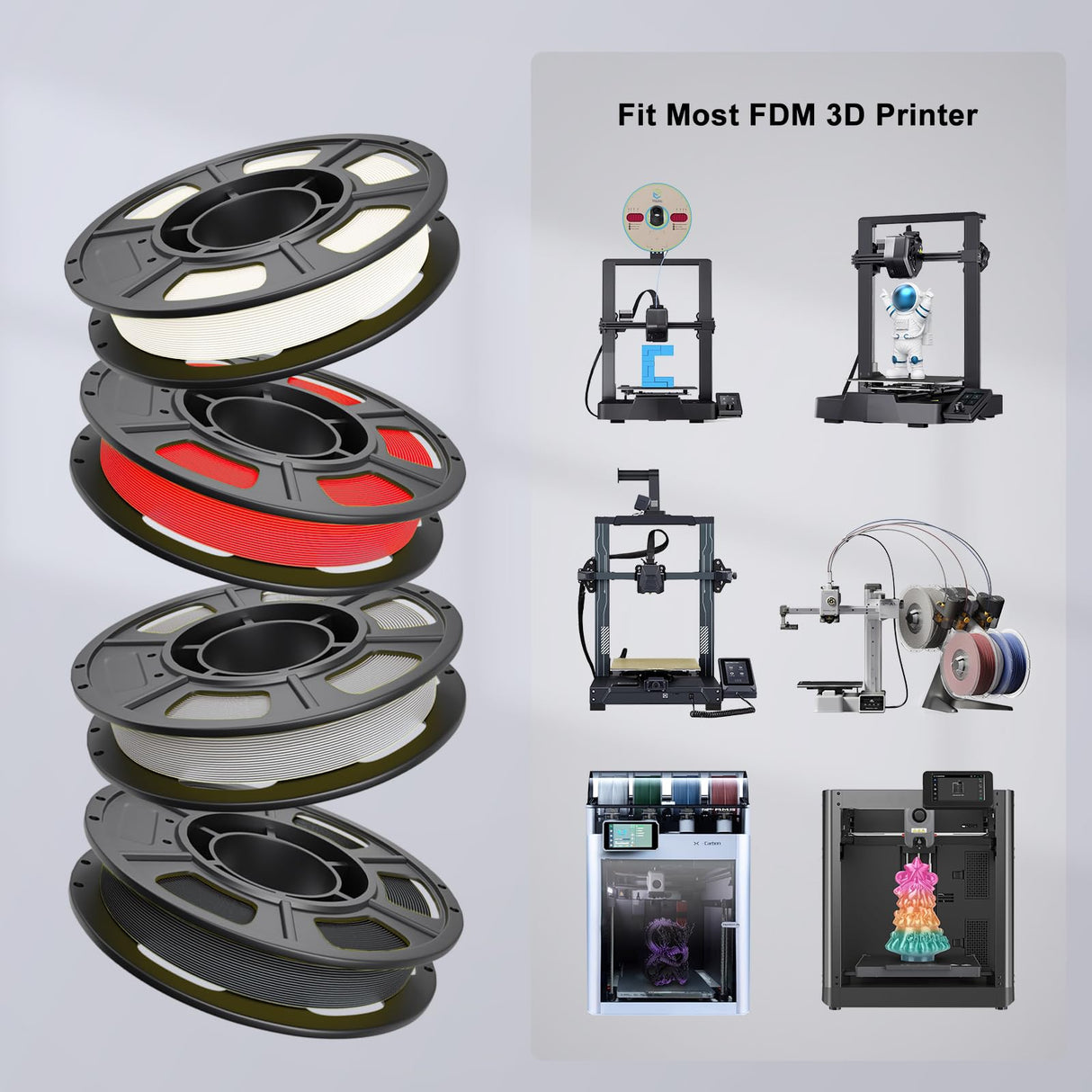 YOUSU PLA 4 * 250g 3D Printer Filament Bundle 1.75mm, Print with Most FDM 3D Printers, 1kg (2.2lbs), 4 Pack 250g Spool, Accuracy +/- 0.02mm，Black+White+Grey+Red Yousu