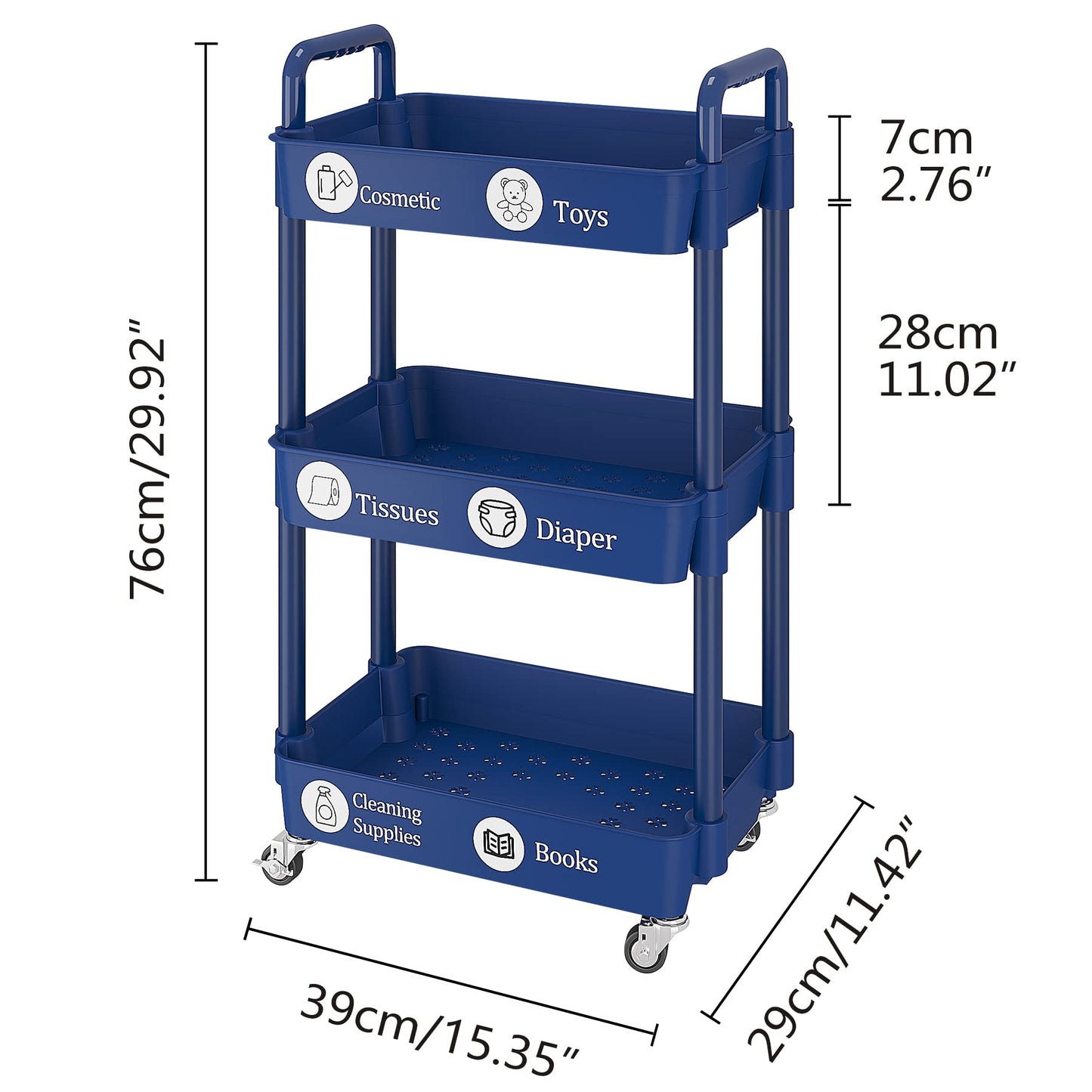 UDEAR 3-Tier Rolling Utility Cart with 12 Category Labels,Multifunctional Storage Shelves with Handle and Lockable Wheels for Room,Office,Kitchen,Bathroom,Blue