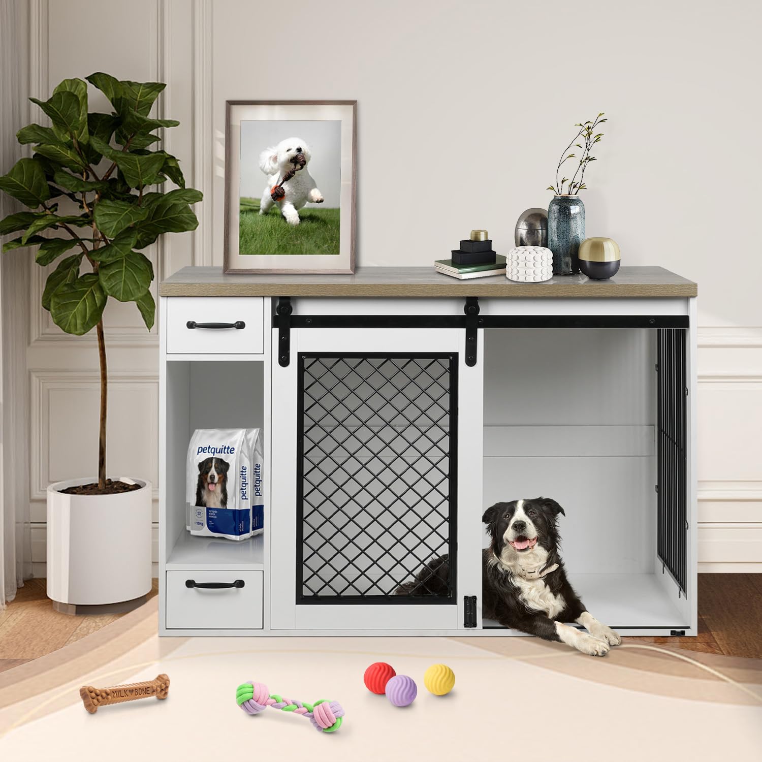 Large Dog Crate, Dog Crates for Medium Dogs, 47.2" Dog Kennel Indoor with Drawers, Feeder Bowls and Storage, 2 Sliding Doors, Heavy Duty Dog Crate Farmhouse Modern Side End Table for Small Me - WoodArtSupply