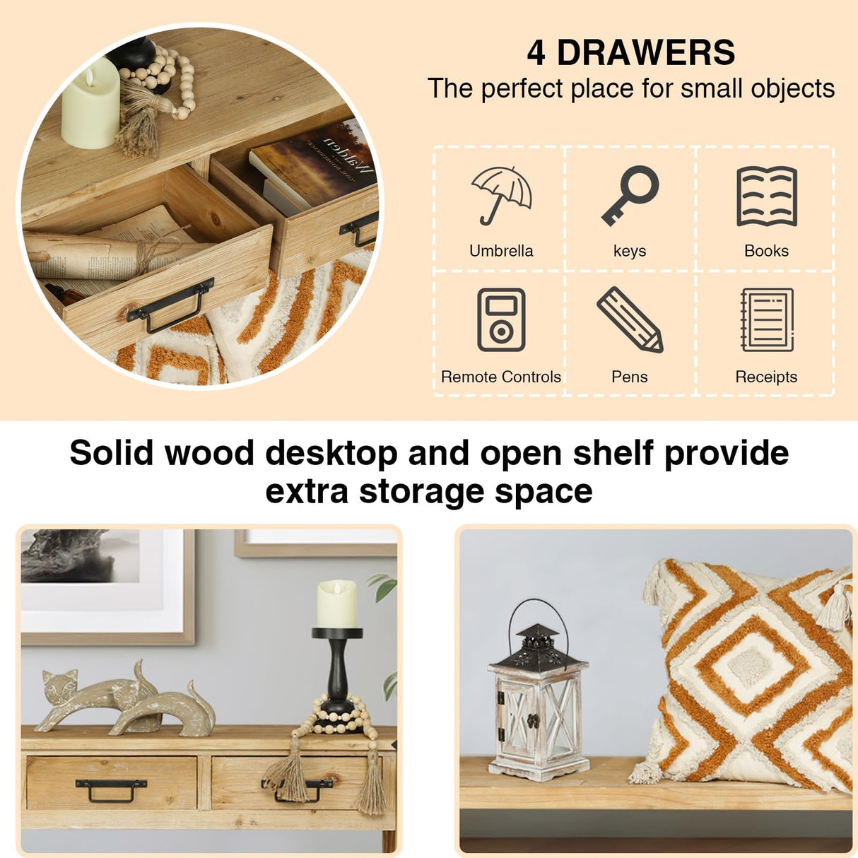 RUSTOWN Farmhouse Console Table with 4 Drawer, 60" Long Rustic Entryway Table with Open Storage Shelves and Handmade Metal Handle, Narrow Foyer Sofa Table for Living Room, Entryway, Hallway(Natural) RUSTOWN