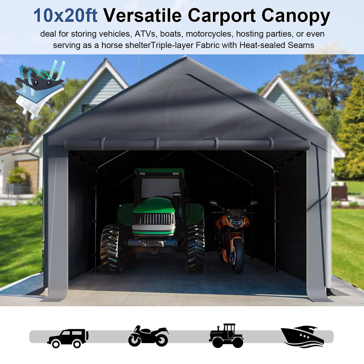 Carport 10x20ft Heavy Duty Canopy Storage Shed,Portable Garage Party Tent,Portable Garage with Removable Sidewalls & Doors All-Season Tarp for Car,Truck,Party SNC24# (W/Grey) - WoodArtSupply