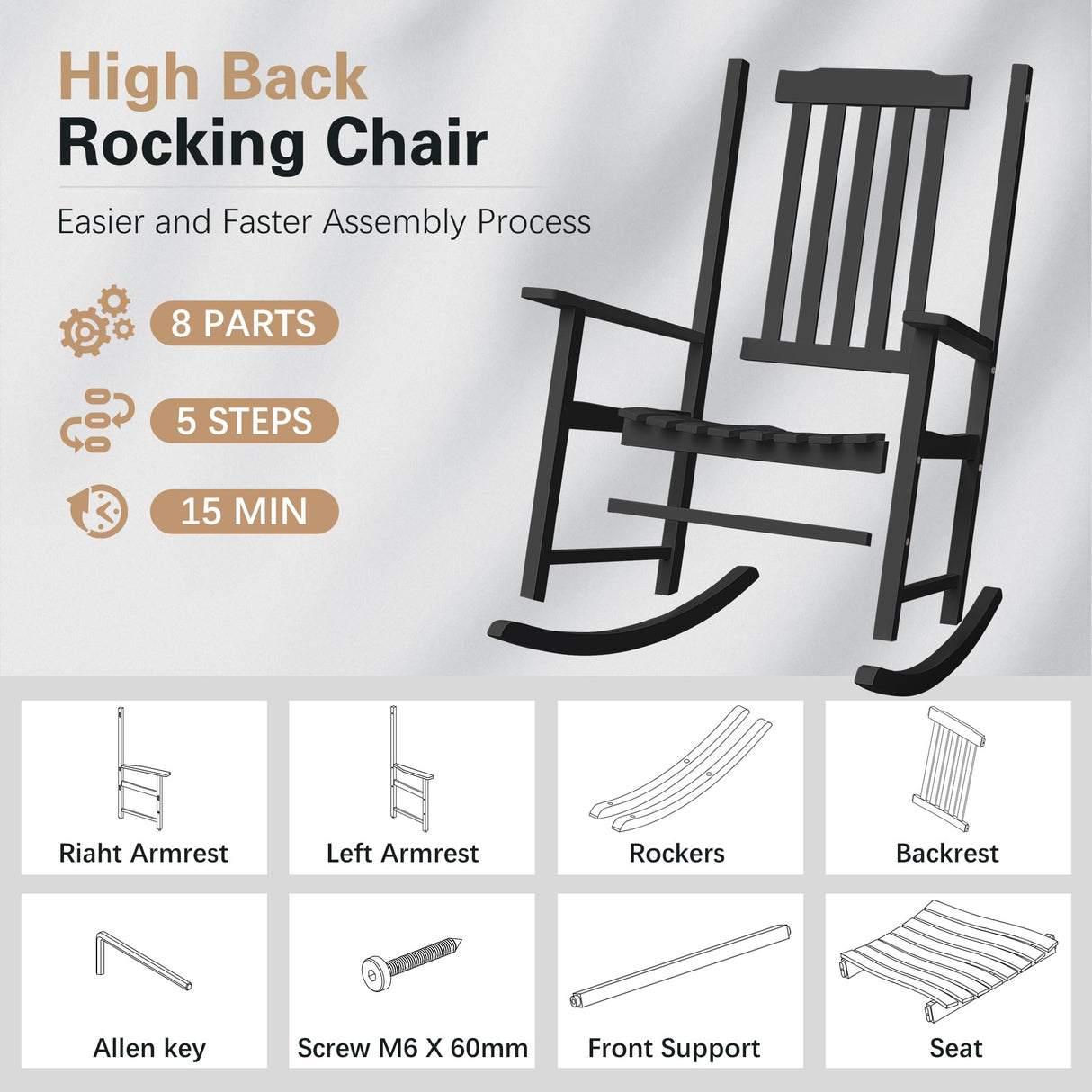Greesum Outdoor Rocking Chair, Acacia High Back Oversized All-Weather Lounge Rocker with 320 lbs of Support for Patio, Garden, Deck, Porch,Brown Greesum