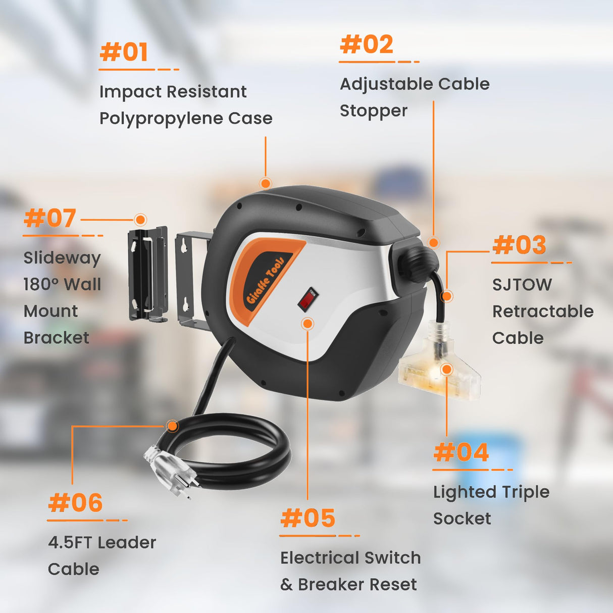 Giraffe Tools Retractable Power Cord Reel, 50ft 12AWG/3C SJT Heavy Duty Extension Cord Storage Reel Wall/Ceiling Mount for Garage with Lighted Triple Tap Giraffe Tools