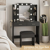 Vanity Desk with Lights,Makeup Vanity with Power Strip,Dressing Table Set with 2 Large Drawers,Vanity Mirror 3 Lighting Color Adjustable,Black Vabches