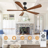 BOOSANT 5 Blade Ceiling Fans with Lights, 60 inch Outdoor Ceiling Fans with Remote Control for Patio Bedroom, Modern Ceiling Fan with Light, 5 Solid Wood Blades 6-Speed Reversible DC Motor(Walnut) BOOSANT