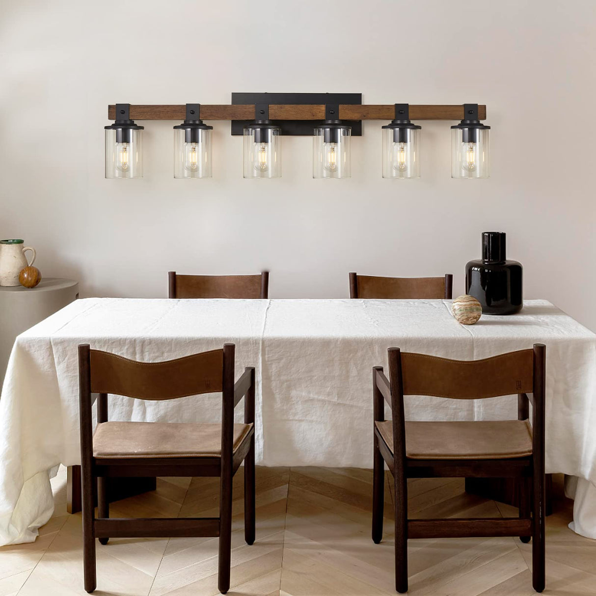 DUJAHMLAND 6-Light Wood Vanity Light,40.5 inch Farmhouse Bathroom Metal Wall Sconce with Cylinder Clear Glass Shade,Industrial Wall Light Fixtures for Hallway,Kitchen,Bedroom(Wood, 6-Light) DUJAHMLAND