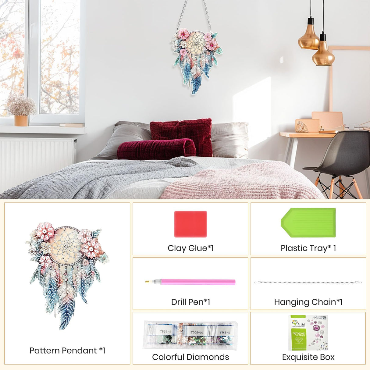Hanging Diamond Art Kits for Adults Beginners, Dreamcatcher Diamond Painting Pendant Kit, DIY Acrylic 5D Special Shaped Crystal Diamond Gem Art Painting Hanging Ornament for Home Wall Decor and Gift Genius maker