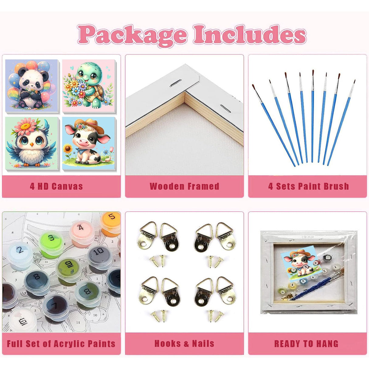 4 Pack Animal Paint by Number for Kids with Wooden Frame, Paint by Numbers for Kids Animals Ages 4-8-12, Easy Panda Sea Turtle Owl Cow DIY Acrylic Oil Painting Kits for Home Wall Decor (8X8 inch) xackcme