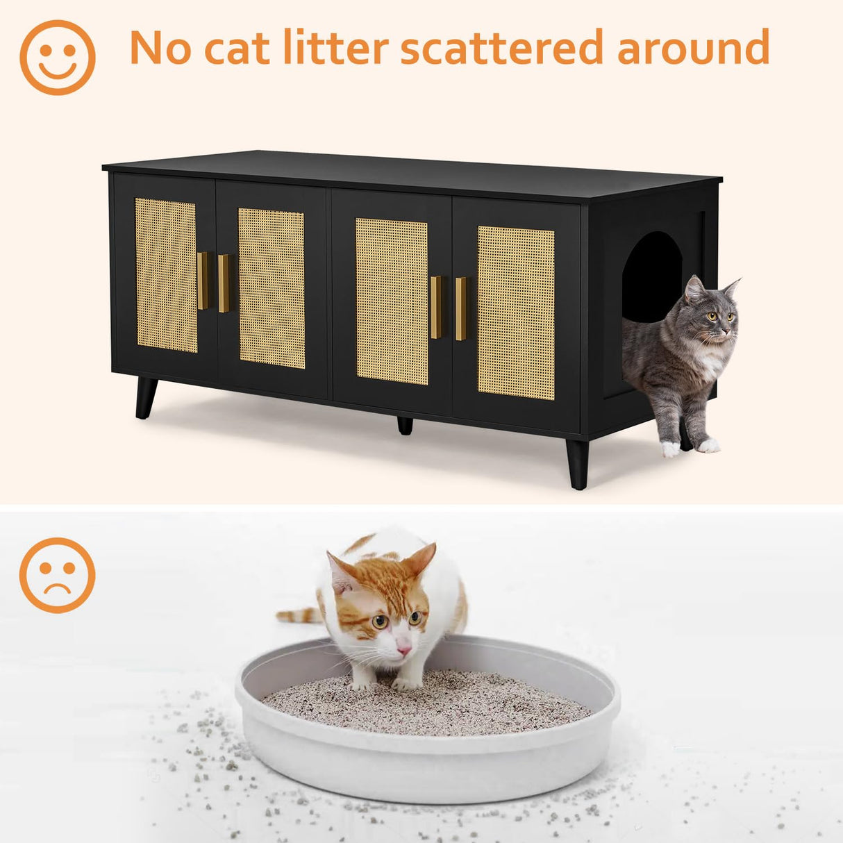 Homhedy Boho Cat Litter Box Enclosure for 2 Cats,Litter Box Furniture Hidden with Double Rattan Decorated Doors,Wooden Cat Washroom Furniture,Cat House,47.2”L x 19.7”W x 21.7”H, Black Homhedy