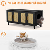Homhedy Boho Cat Litter Box Enclosure for 2 Cats,Litter Box Furniture Hidden with Double Rattan Decorated Doors,Wooden Cat Washroom Furniture,Cat House,47.2”L x 19.7”W x 21.7”H, Black Homhedy