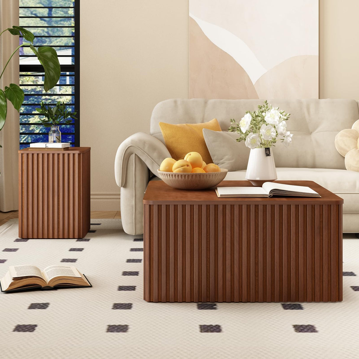 Fluted Square Coffee Table with Storage Large Wood Center Table with Solid Wood Veneer Top Mid Century Modern Low Coffee Table for Living Room, Rustic Brown HOKYHOKY
