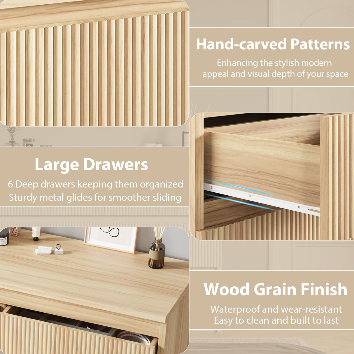 Jocoevol 6 Drawer Dresser for Bedroom, Boho Fluted Dresser with Deep Drawers, Large Double Natural Wood Chest of Drawers for Living Room, Hallway, Entryway (Wood) Jocoevol