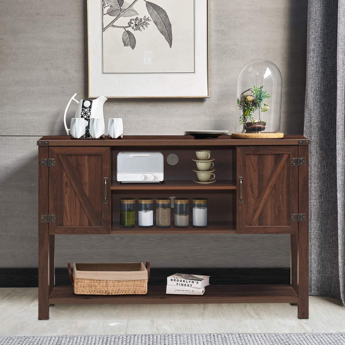 Tangkula Console Table Buffet Table, Modern Sideboard with Storage Cabinets and Bottom Shelf, Contemporary Tall Buffet Storage Cabinet, Kitchen Dining Room Furniture (Brown) Tangkula